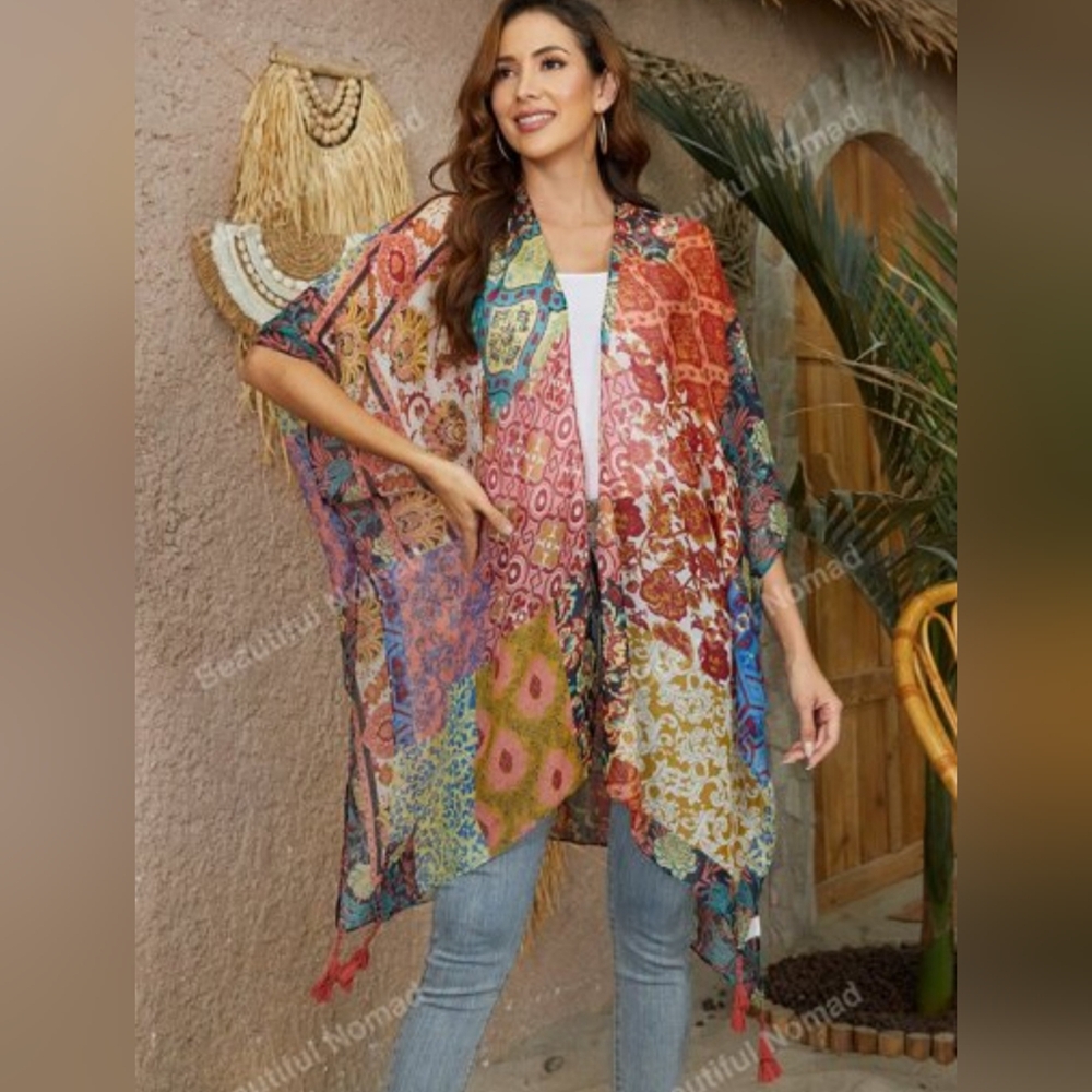 Boho Floral Kimono Cover Up Lightweight Beach Coverup Tassel Open Front One Size